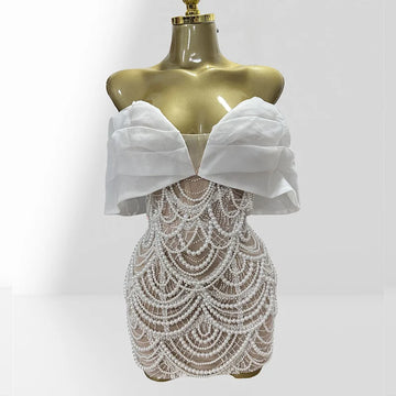 2025 Luxury Pearl Beading White Sequins Sexy Off The Shoulder White Mini Dress Woman Wedding Party Vestido Birthday Party Outfit