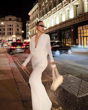 White Color Women Long Sleeve Sexy V-Neck Draped Bodycon Long Dress Fashion Celebrate Evening Party Birthday Outfit