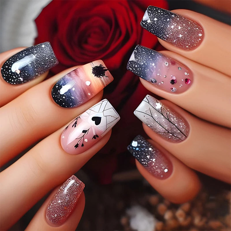 24pcs/set medium long fake nails for women starry star moon planet gradient glitter design almond ballet tip press on false nail