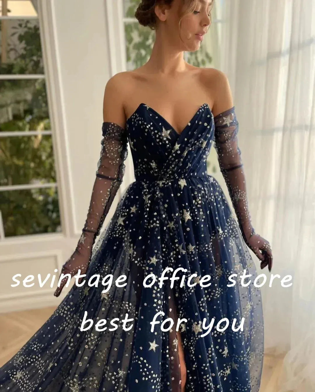 Glitter Navy Blue Starry Tulle Prom Dresses V-Neck Side Split Saudi Arabic Women A-Line Formal Evening Party Gowns Navy Blue