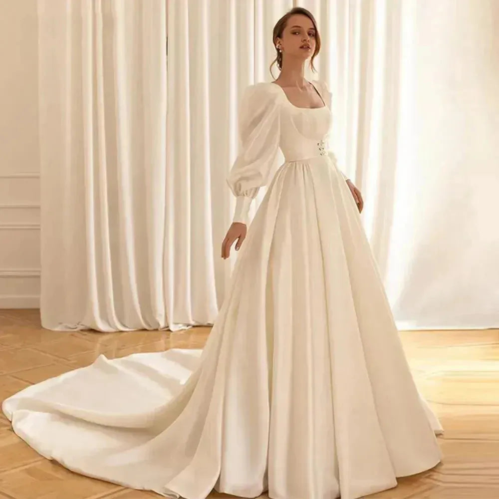 Graceful Satin Wedding Dresses With Detachable Coat Square Collar Bridal Gowns Long Puff Sleeves Vestidos De Novia Custom Colors Satin