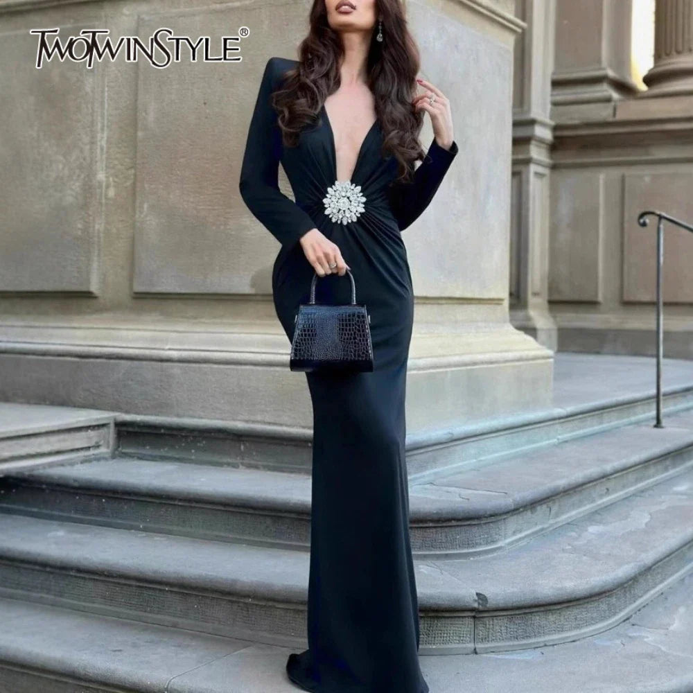 Solid Slimming Spliced 3D Flower Dresses for Women V Neck Long Sleeves Temperament Dress Female Fashion Clothing