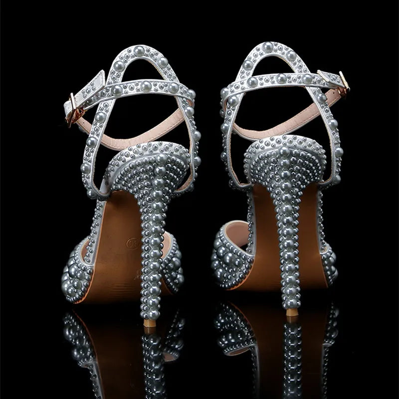 Luxury Handmade Pearl Peep Toe Women Sandals Fashion Summer Wedding Princess Thin High heels Elegant Party Prom Bridal Shoes