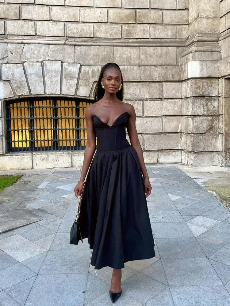 Suninheart Black Elegant Wedding Events Dress Sexy Strapless Corset Dress Midi Christmas Party Dresses for Women Clothing 2023 Read size chart 1