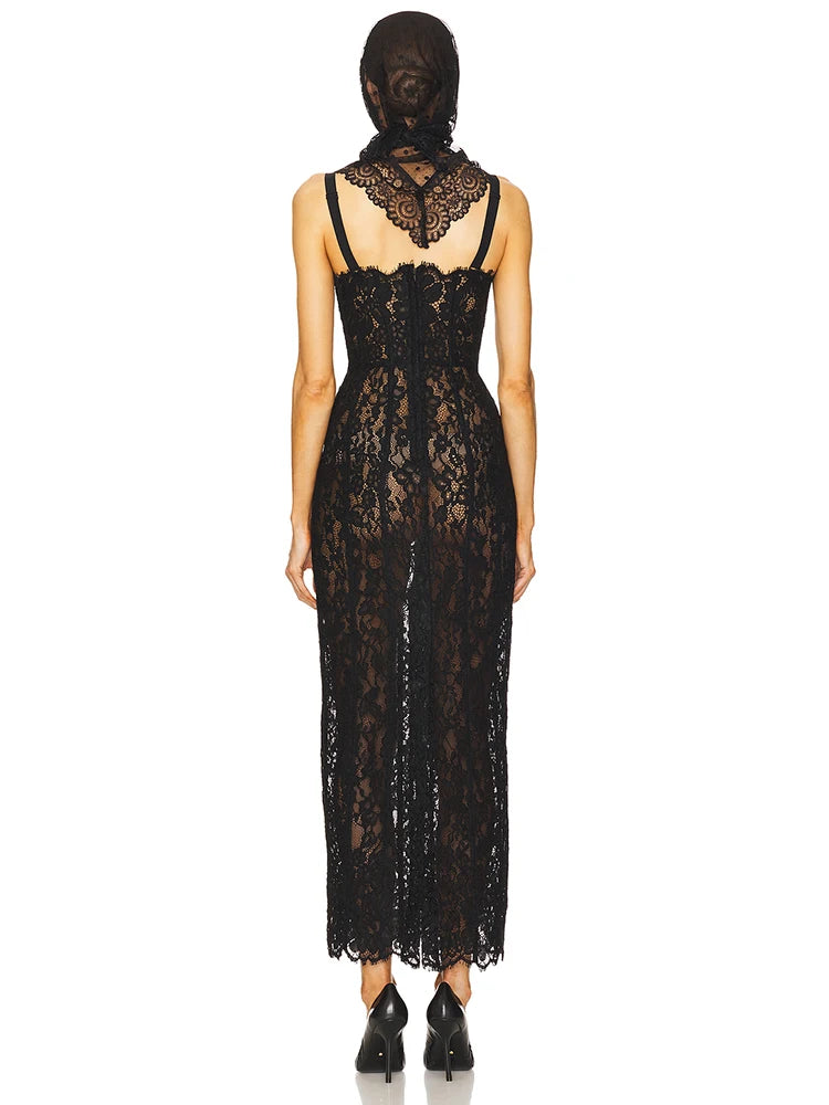 VC Elegant Black Lace Spaghetti-Strap Maxi Dress for Sophisticated Occasions Party Evening Gown