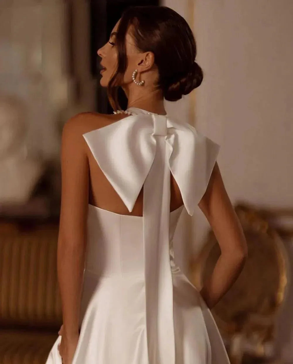 Msikoods Modern Mermaid Wedding Dress Halter Neck Bow Sexy Side Split Boho Wedding Gown With Pocket Bride Dresses champagne