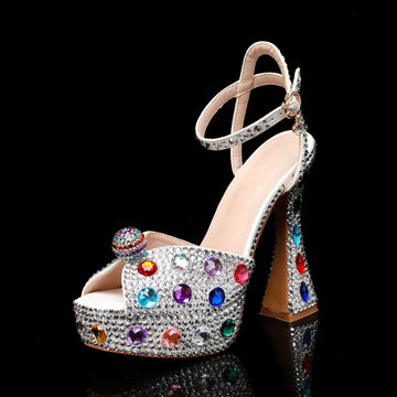 Luxury Colorful Rhinestones Women Gladiator Sandals Sexy Ankle Strap Platform Wedges High heels Fashion Summer Party Prom Shoes