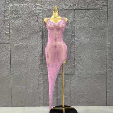 Pink Rhinestones Women Sleeveless Sexy Off the Shoulder Mesh See Through Bodycon Long Dress Celebrate Nightclub Party Outfit