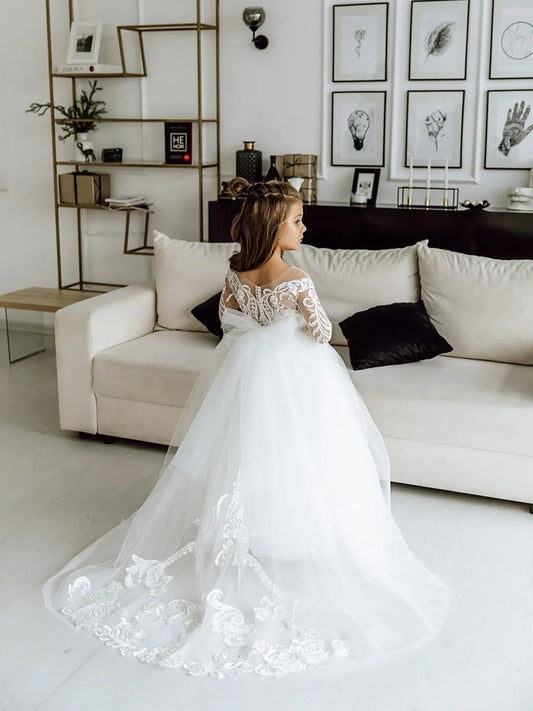 Robe de demoiselle d'honneur des enfants blancs pour filles fleur à manches longues en dentelle florale