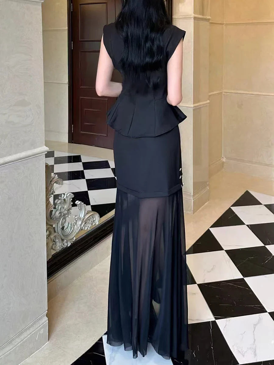 Solid Two Piece Sets for Women Round Neck Sleeveless Patchwork Sequin Vest High Waist Sheer Skirt Set Female New