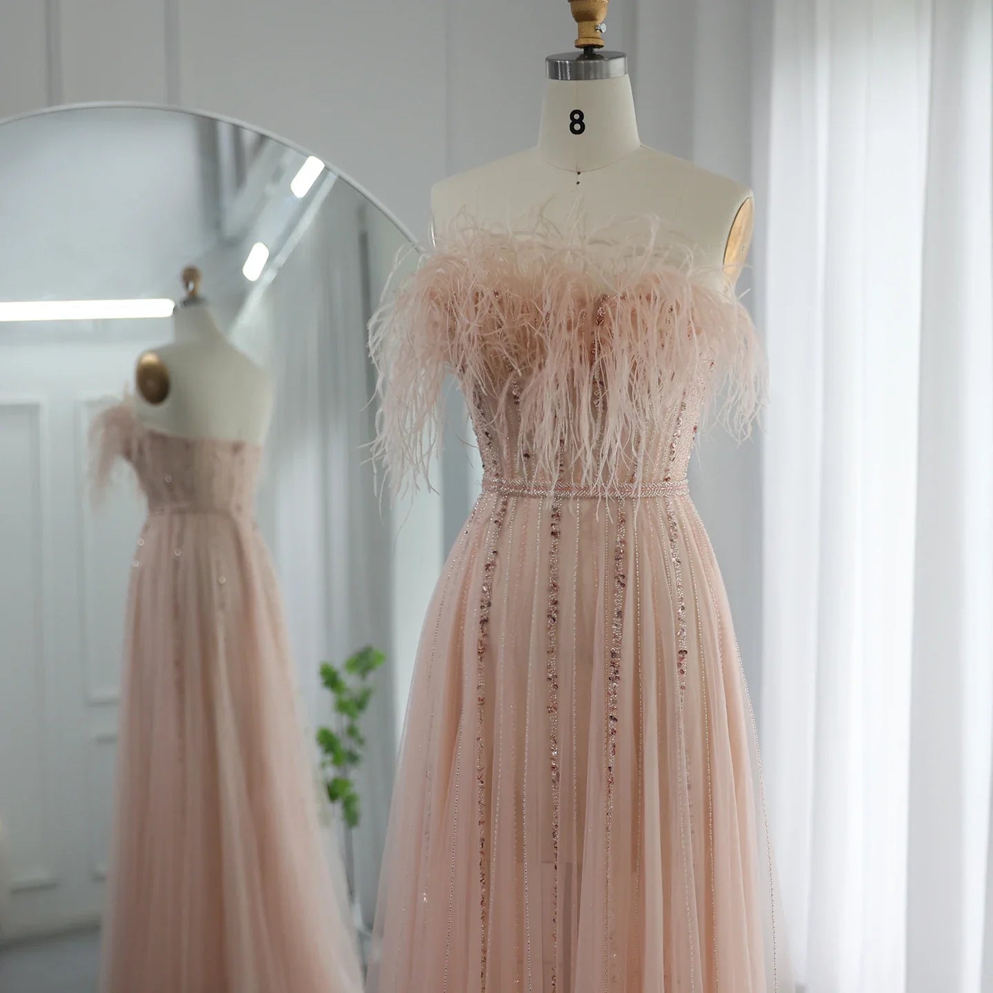 Vestido de noche de lujo con plumas rosas ruborizadas de Dubái para mujer, vestido de fiesta de boda árabe largo elegante formal para graduación 