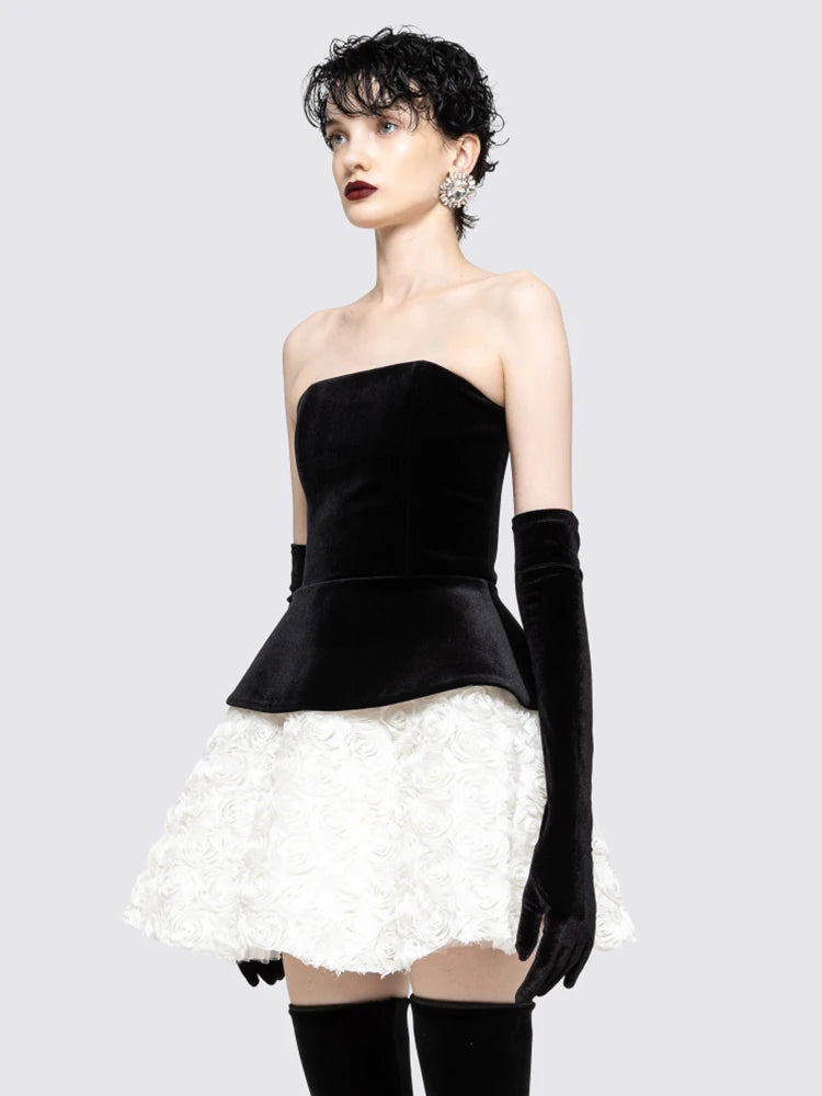 VC Vintage Glam Party Three-Pieces Strapless Mini Dress Outfit Black Velvet Bustier & White Floral Skirt