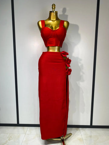Women Red Top Flower Skirt Two Piece Set Evening Party Nightclub Elegant Host Tight Sexy Club Bodycon Bandage Long Skirt