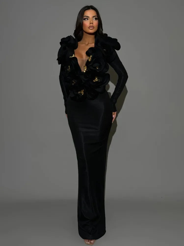 Black Color Women Sexy Off the Shoulder Florlas Bodycon Long Bandage Dress Celebrate Evening Party Nightclub Outfit