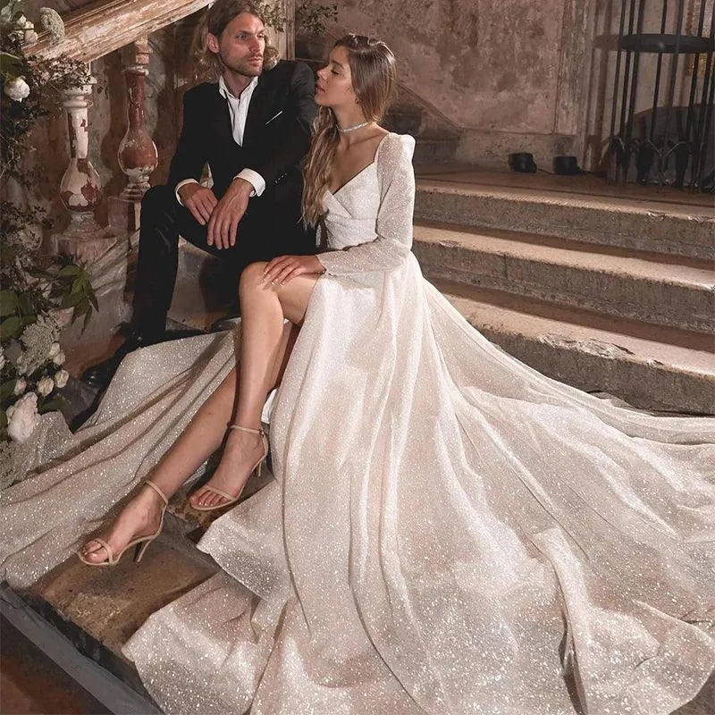 Stunning V-neck Full Sleeves Wedding Dresses Beaded Belt Side Slit Formal Bridal Grown Rode De Mariee Ivory