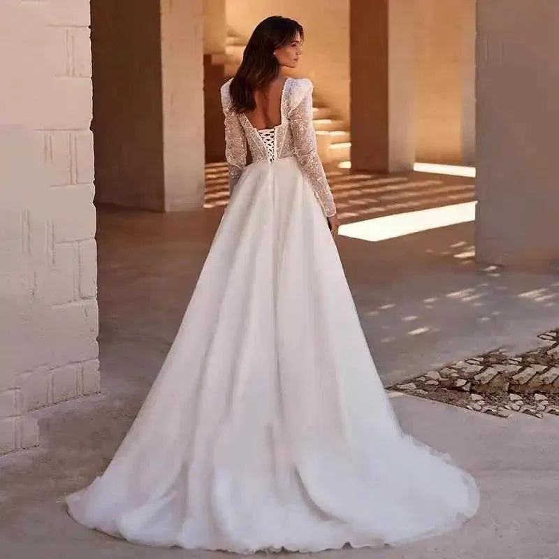 Simple Wedding Dresses For Women Sweetheart Backless Sexy Bridal Gowns Tulle Long Sleeve Robe A-Line Vestidos De Novia As Pictures