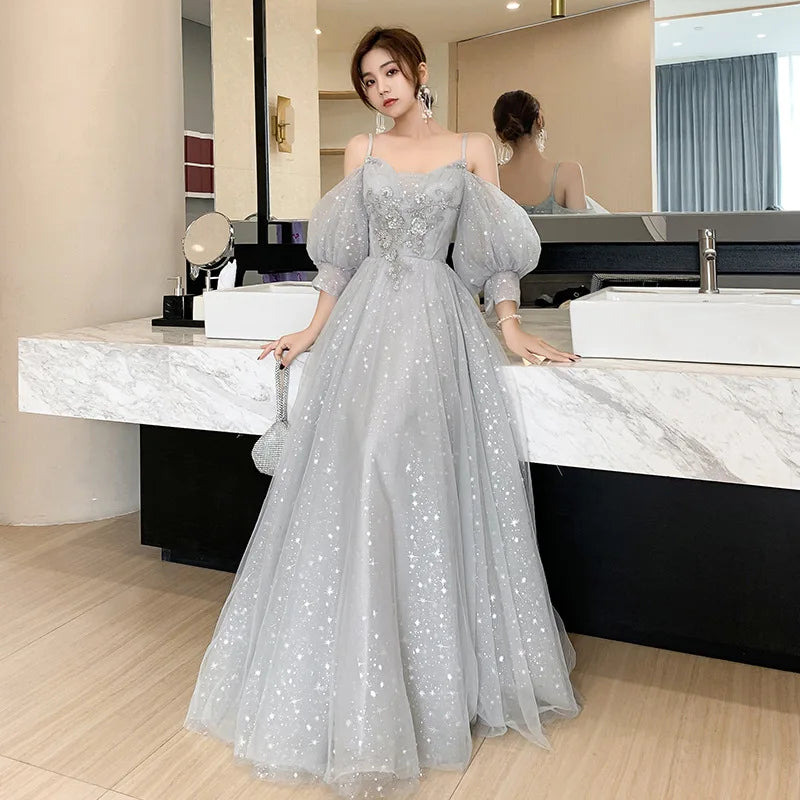 Bridesmaid Dress Temperament Lantern Sleeve Sequin Party Dress Fairy Stage Performance Dress Elegant Banquet Dress A-Long Dress