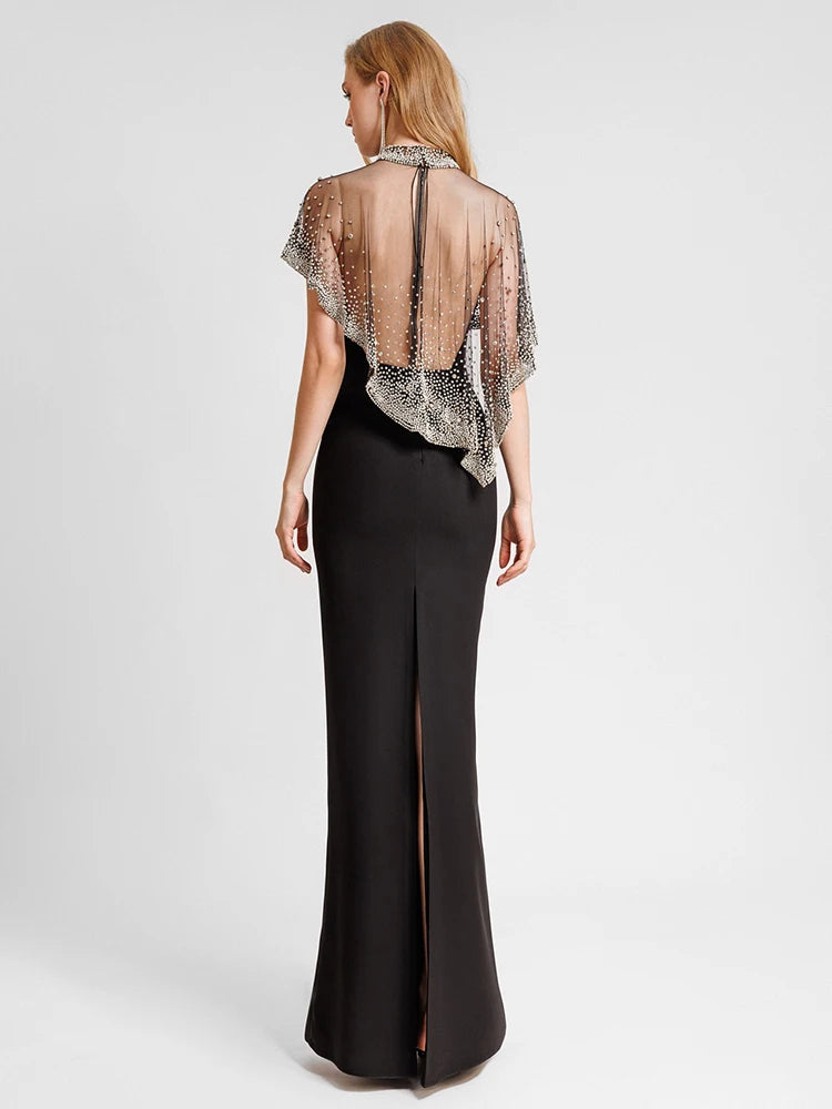 VC Luxury Sheer Beaded Mesh Cape Black Maxi Strapless Sleeveless Dress for Formal Events Gown
