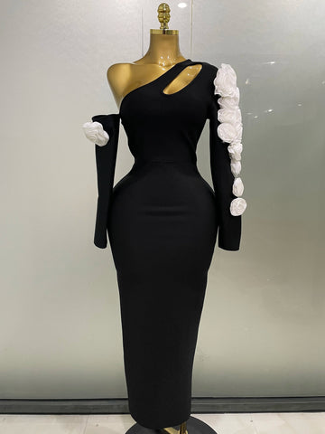 New Sexy One Shoulder Key Hole Flower Maxi Long Bodycon Bandage Dress Women Knitted Elegant Evening Club Party Outfit