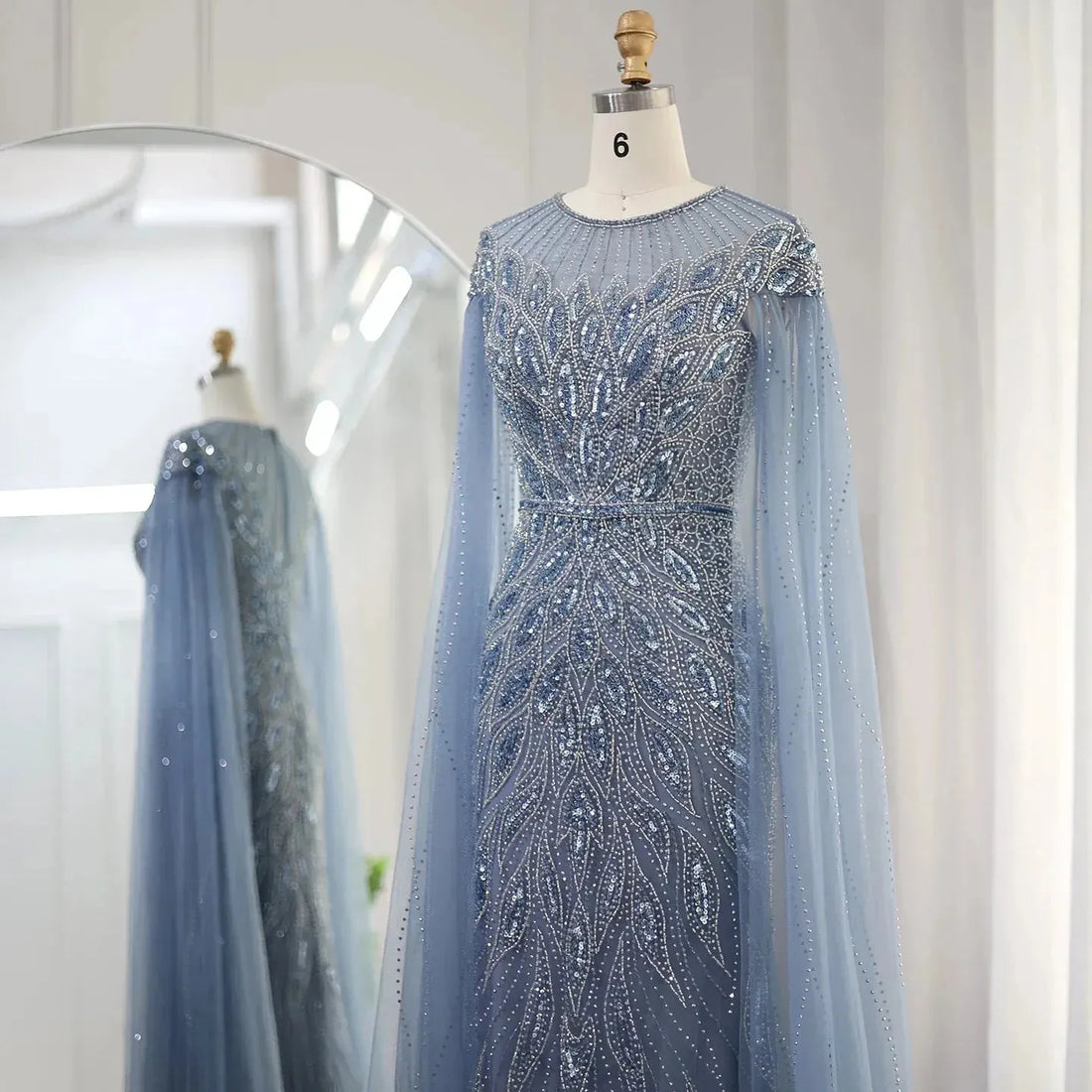 Luxury Arabic Blue Mermaid Evening Dress with Cape Sleeves Sage Green Gold Dubai Women Wedding Party Gowns Blue Evening Dress