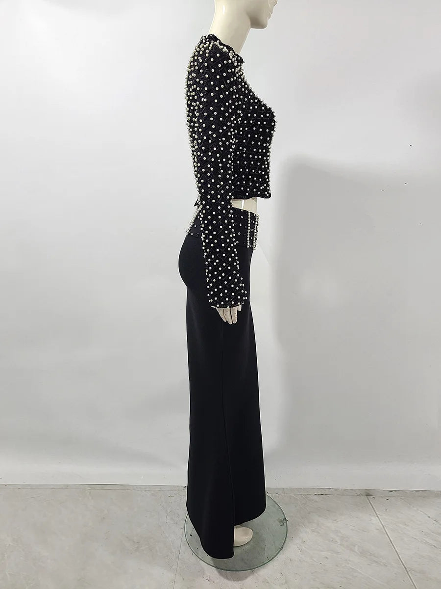 Women Long Sleeve Sexy Beading Tops 2 Pieces Bodycon Bandage Skirt Set Elegant Evening Party Celebrate Outfit