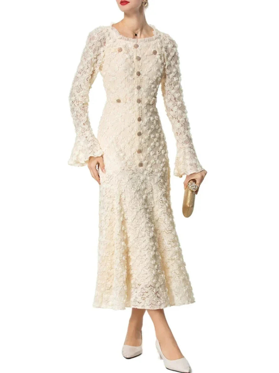 Solid Slimming Spliced Appliques Dresses for Women Round Neck Long Sleeves Patchwork Single Breasted Dress Female