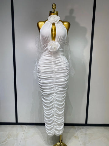 Women Sexy Cut Out Flower Pleated Bodycon Long Dress Celebrity White Elegant Evening Party Cocktail Luxury Birthday Dress
