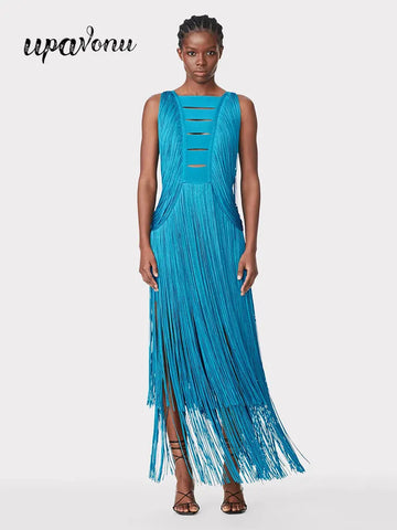 2025 Sexy Women's Wear Heavy Industry Tassel Bandage Dress O-Neck Sleeveless Slim Fit Long Dress Cocktail Evening Party Vestidos