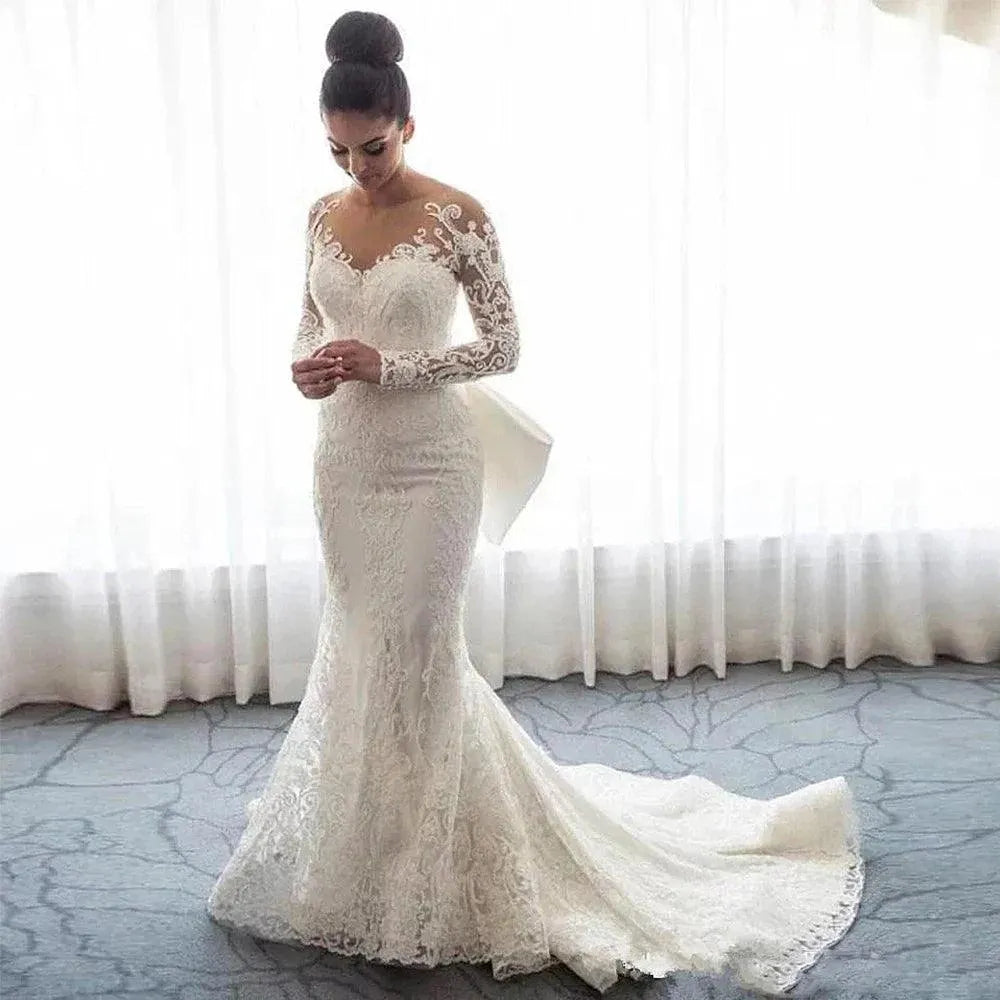 Luxury Women's Lace Wedding Dresses Detachable 2-Piece Set Gorgeous Decal Mermaid Long Sleeve Princess Formal Beach Bride Gowns Mermaid