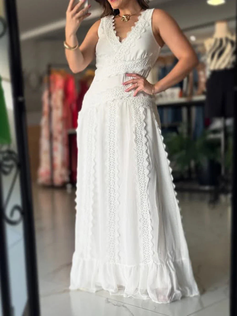 White Spliced Lace Minimalist Dresses for Women V Neck Sleeveless Temperamnet Long Dress Female Fashion Clothes New