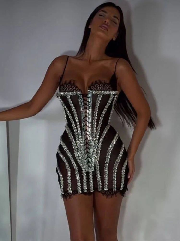 VC Glamorous Black Lace Adorned Strappy Corset Mini Dress with Sparkling Crystals Evening Gown