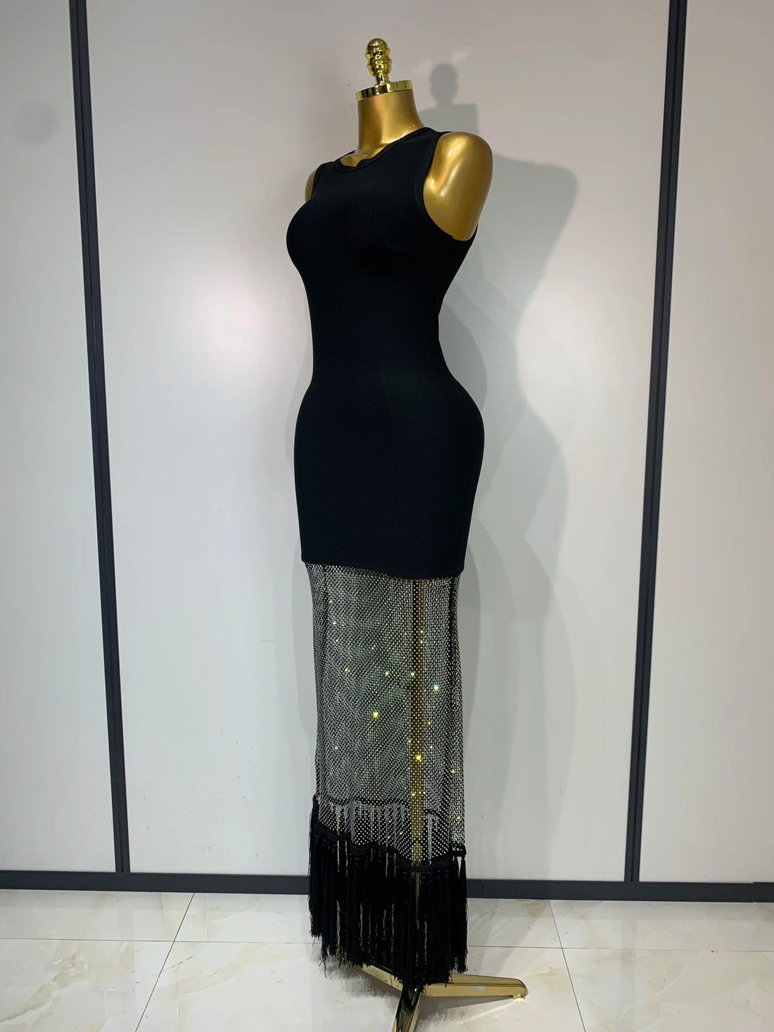New Fashion Black Sleeveless Sparkly Diamonds Tassel Bandage Dress Celebrity Cocktail Evening Party Luxury Birthday Gown
