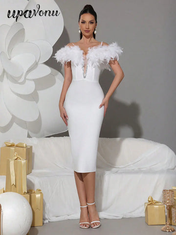 2025 Spring Sexy Women's Light Luxury Feather Design Bandage Dress One Collar Shoulder Bodycon Bareback Dresses Party Vestidos