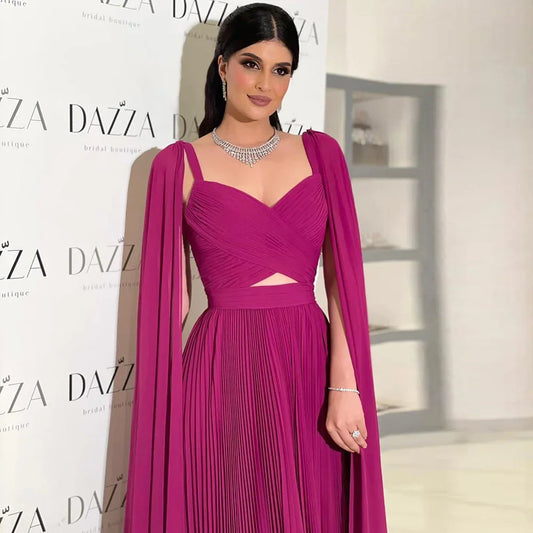 Vestidos de noche elegantes de gasa color fucsia estilo Dubái con mangas tipo capa para mujer, vestidos formales para bodas y fiestas 