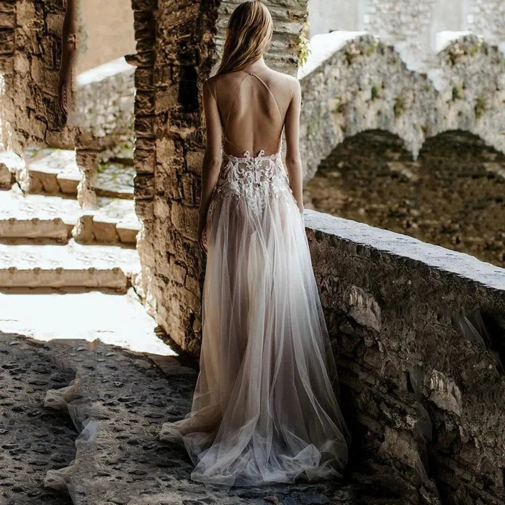 Sexy See Through Wedding Dress Scoop Neck Sleeveless Backless Bridal Gown Sweep Train Floor Length Vestido De Novia custom made