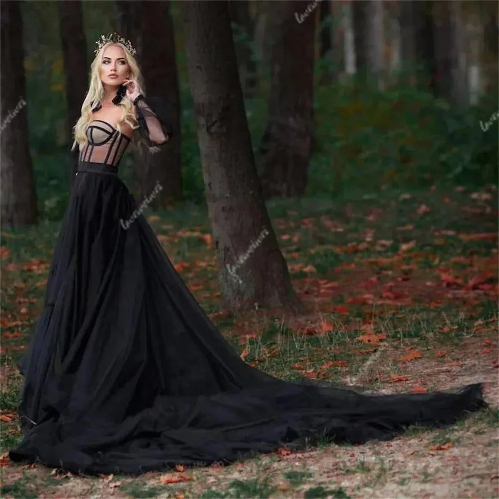 Gothic Black Evening Dress Off The Shoulder Sweetheart Prom Dresses Long Sleeves Tulle Gorgeous Formal Party Gowns Vestido Black