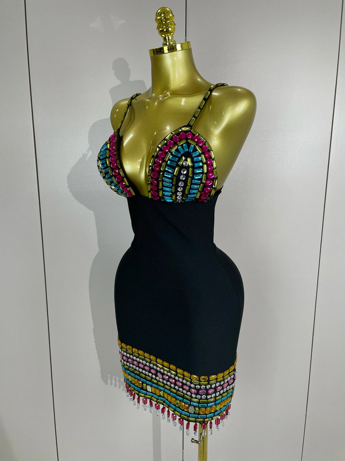 Sparkly Colorful Diamonds V Neck Black Bodycon Bandage Dress Celebrity Elegant Evening Club Party Luxury Birthday Dresses