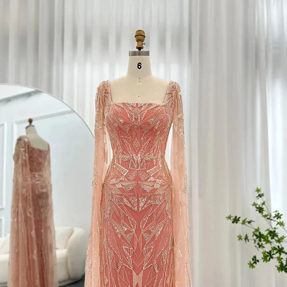Saudi Arabic Nude Pink Luxury Dubai Evening Dresses with Cape Sleeves Square Collar Women Wedding Party Gowns Evening Dress