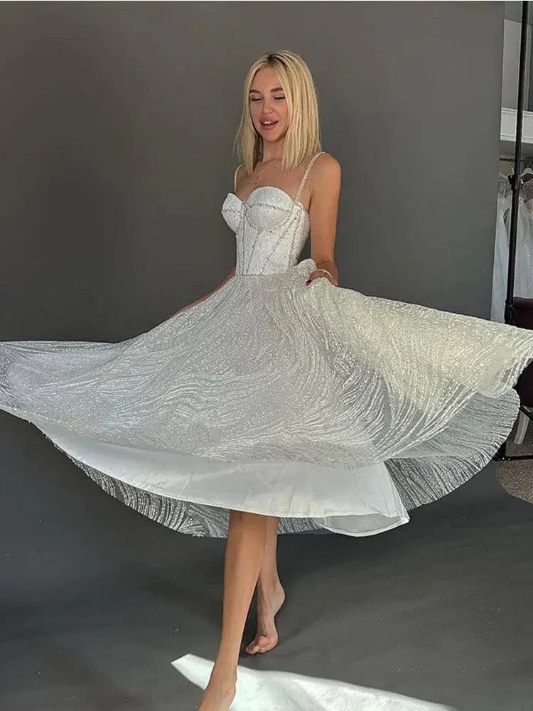 LORIE Spaghetti straps Wedding Dresses A Line Shiny Glitter Tea Length Bride Dress Sweetheart Neck Vestidos de novia As Pictures