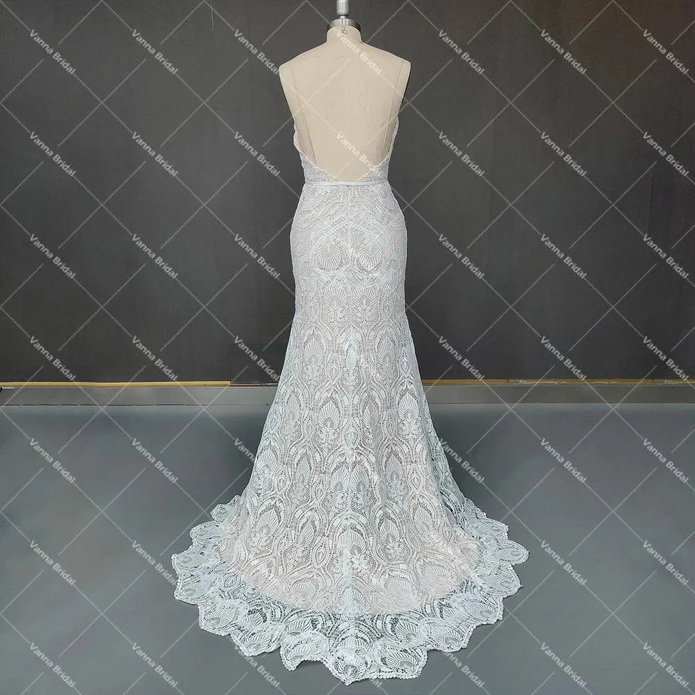 Spaghetti Strap Lace Mermaid Wedding Dress Boho Beach Rustic Open Back Backless Cut Out Country Sweep Train Bridal Gowns