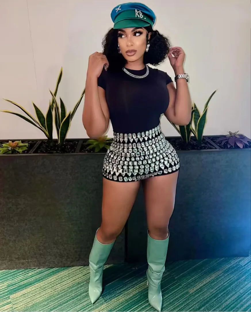 Women Sexy Big Crystal Bodycon Shorts Celebrate Nightclub Party Birthday Wear Bar Dancer Fashion Shorts