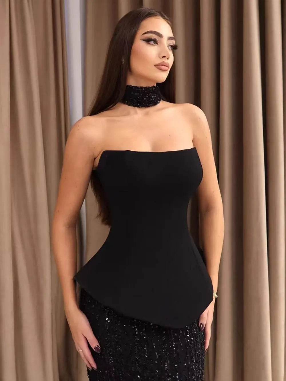 2025 Elegant Women's Light Luxury Dress+Strapless Sleeveless Bodycon Patchwork Long Dress Cocktail Evening Party Vestidos