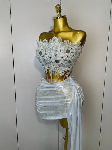 Sparkly Silver Sequins Sexy Strapless Short Dress 2Pcs Set Newest  Women Party Birthday Nightclub Singer Dancer Stage Wear