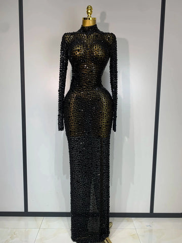 Sparkly Luxury Rhinstones Long Sleeve Elegant Party Dress Women  Performance Stage Outfit Evening Birthday Prom Gown