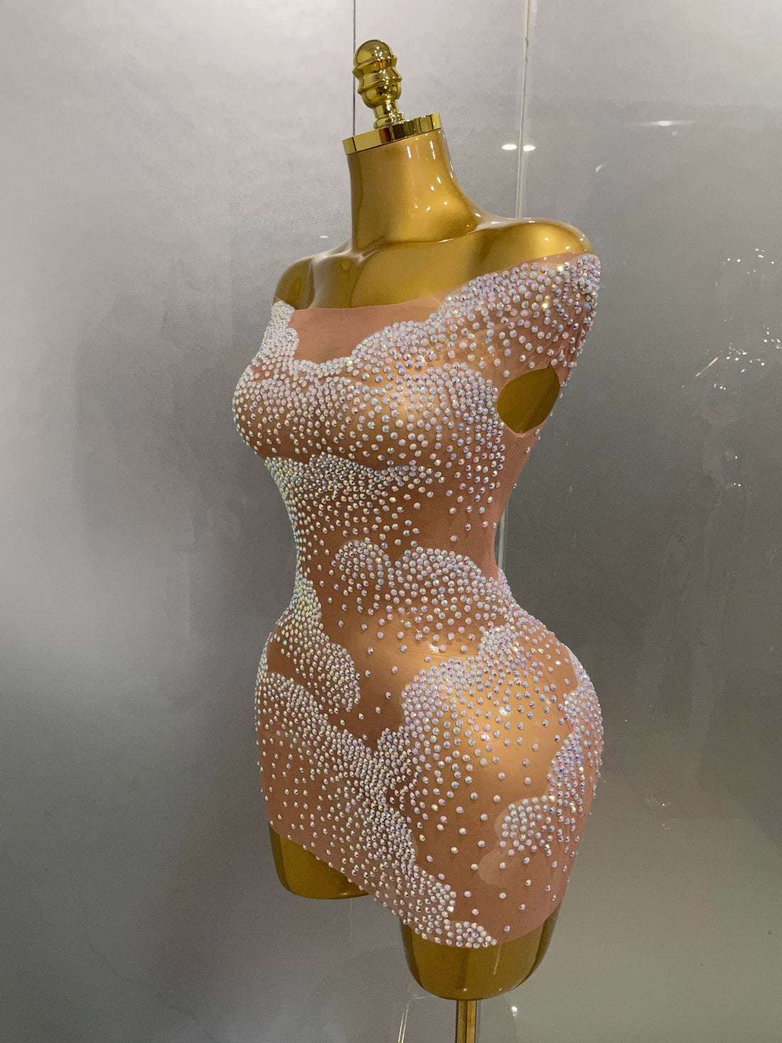 Sexy Sparkle Rhinestone Transparent Stretch Mini Dress  New Women Evening Birthday Party Club Stage Performance Costume