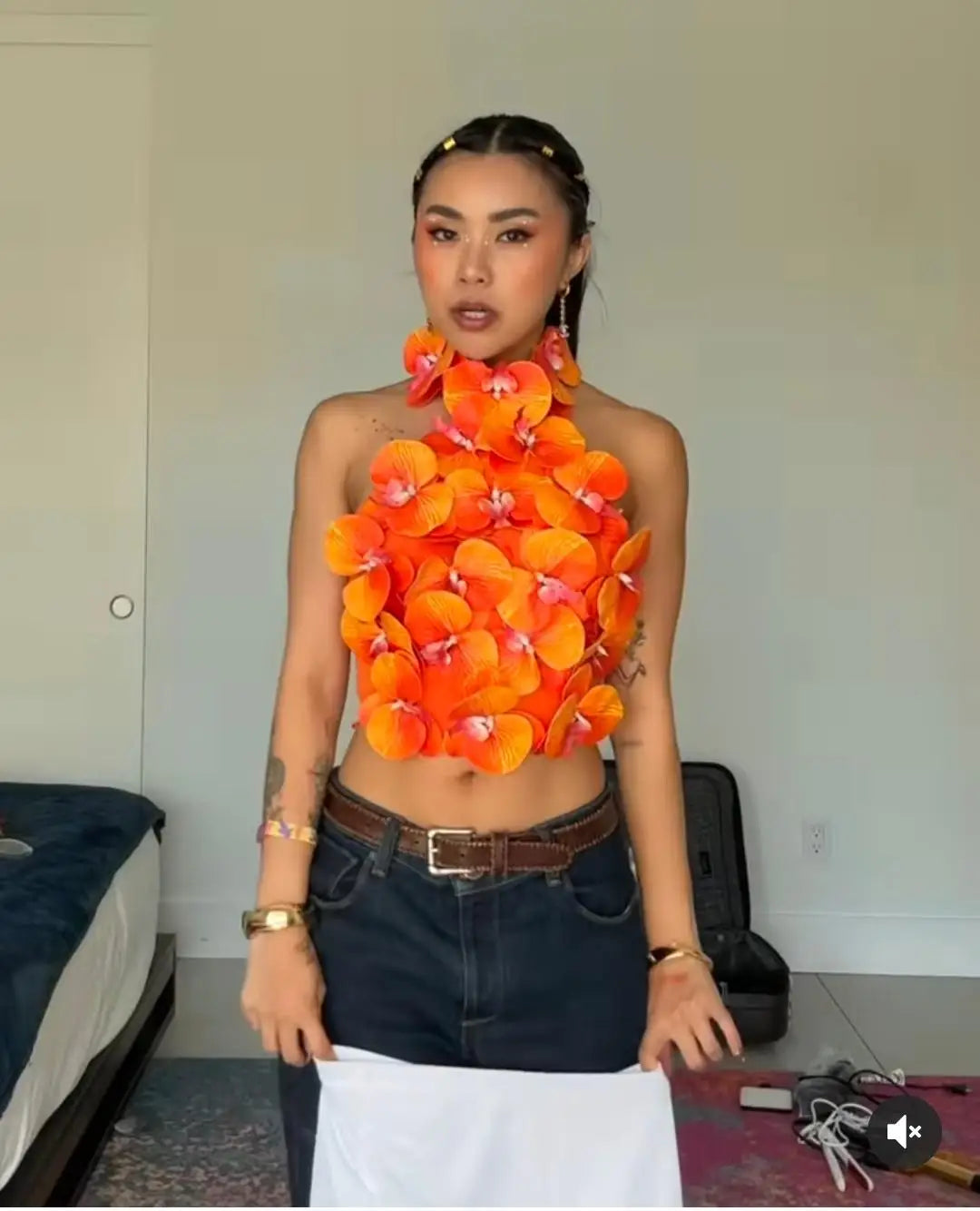 Orange Color Women Sexy Florals Backless Bodycon Tops Celebrate Nightclub Party Bar Dancer DJ Performance Costume