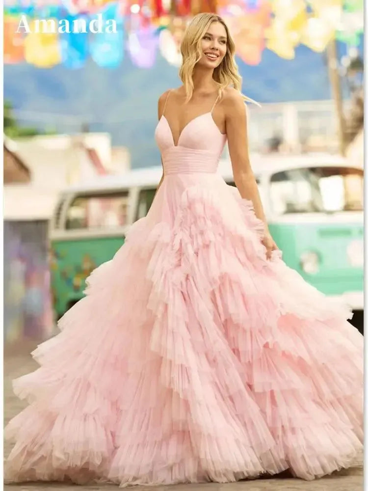 Multilayer Robe Pink Multilayer Prom Dress Princess Evening Dresses Tulle Sweep Train ...