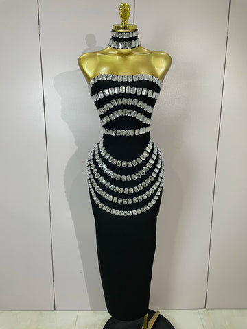 2025 Women Sexy Backless Strapless Black Beading Long Bandage Bodycon Dress  Celebrity Elegant Evening Luxury Birthday Dresses
