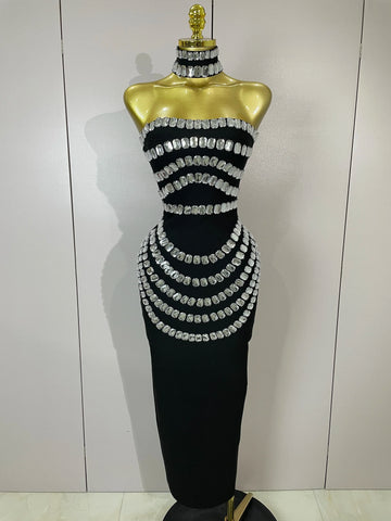 Women Sexy Backless Strapless Black Beading Long Bandage Bodycon Dress  Celebrity Elegant Evening Luxury Birthday Dresses