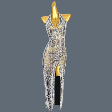 Sparkly Rhinestone Backless Evening Dress Mid-Calf Dinner Party Dress Sleeveless High Side Slit Club Gown for Women Star Heiwan